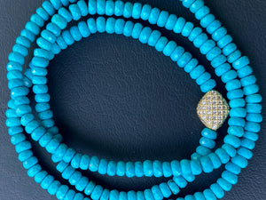 Triple Wrap Turquois Blue Bracelet with Gold Pave